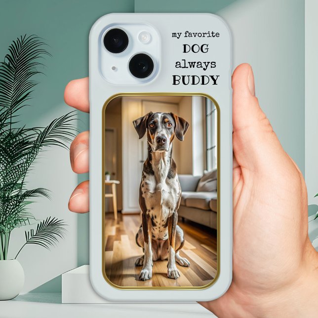 Your Favorite Dog Photo Chic Gold Blue Case-Mate iPhone Case (Chic phone case featuring your custom dog photo framed by a golden lining on pastel pale blue)