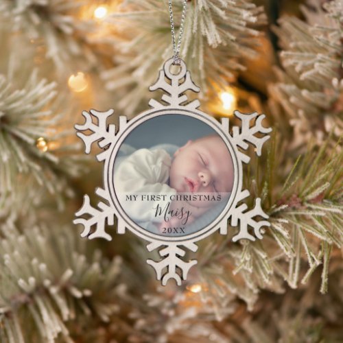 Your Favourite Baby Photo First Christmas Snowflake Pewter Christmas Ornament