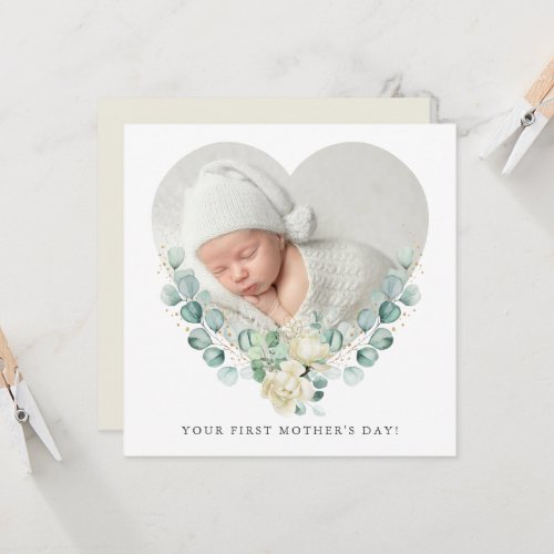 Your First Floral Heart Photo Mothers Day Flat Card