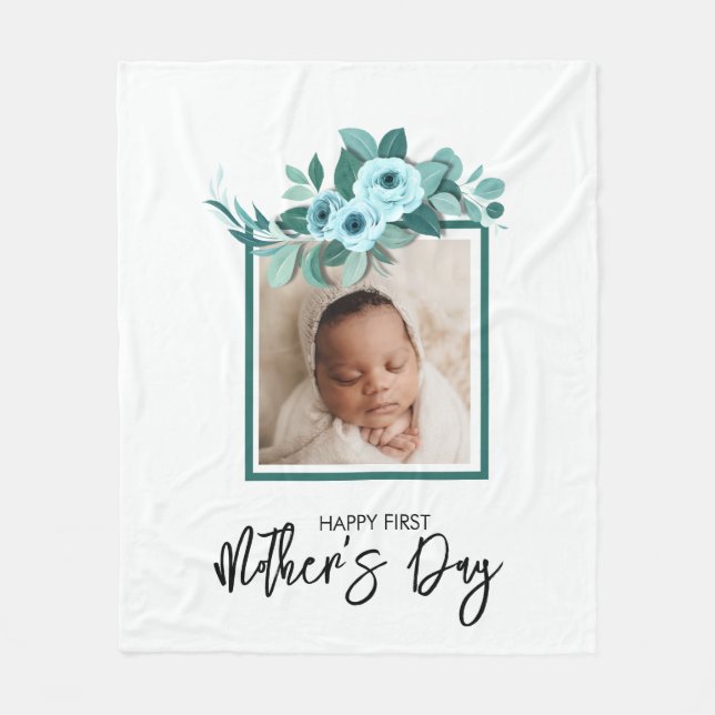 Your First Mother's Day Rose Greenery Photo Fleece Blanket (Front)