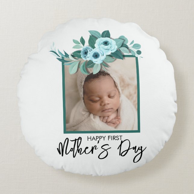Your First Mother's Day Rose Greenery Photo Round Pillow (Front)