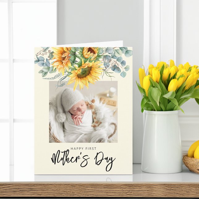 Your First Mother's Day Sunflower Greenery Photo Card (Your First Mother's Day Sunflower Greenery Photo Card)