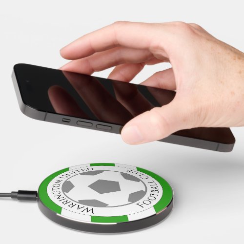 Your Football Club Name _ Green and White Hoops Wireless Charger