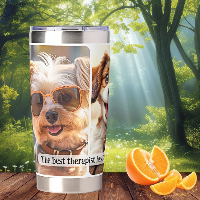 Your Funny Quote 3 Dog Photos Insulated Tumbler (Insulated thermal tumbler featuring your own 3 dog photos and funny quote - dog lover)