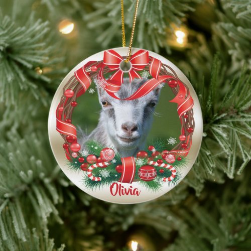 YOUR GOAT PHOTO with Wreath Ceramic Ornament