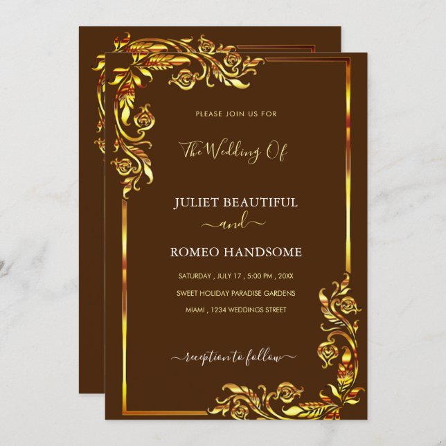 Your Gold Floral Framed Wedding Invitation Example (Front/Back)
