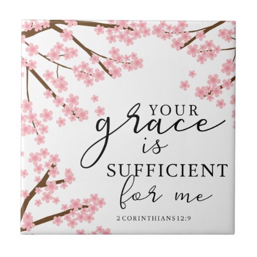 Your Grace is Sufficient Bible Cherry Blossoms Ceramic Tile