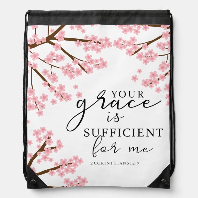 Your Grace is Sufficient Bible Cherry Blossoms Drawstring Bag (Front)