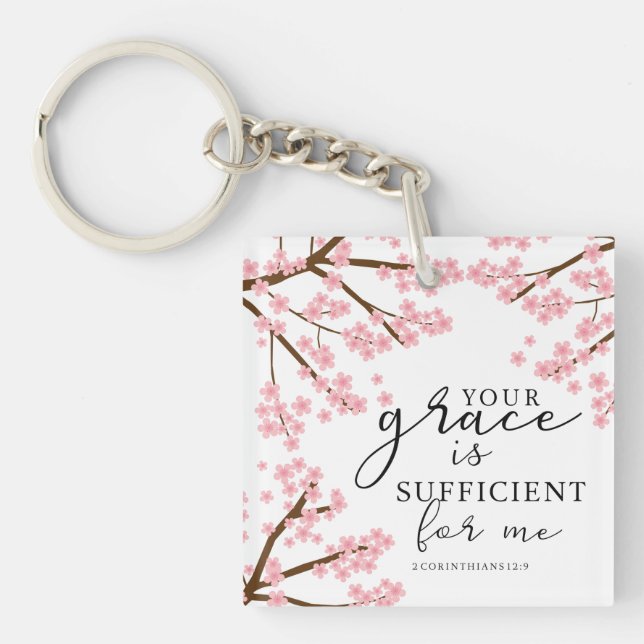 Your Grace is Sufficient Bible Cherry Blossoms Keychain (Front)