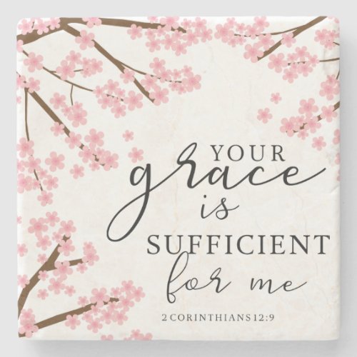 Your Grace is Sufficient Bible Cherry Blossoms Stone Coaster