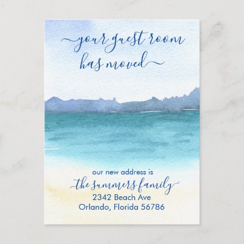 Your Guest Room has Moved Beach Ocean Sea Announcement Postcard