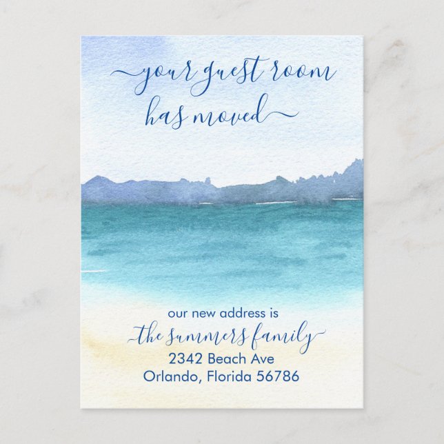 Your Guest Room has Moved Beach Ocean Sea Announcement Postcard (Front)