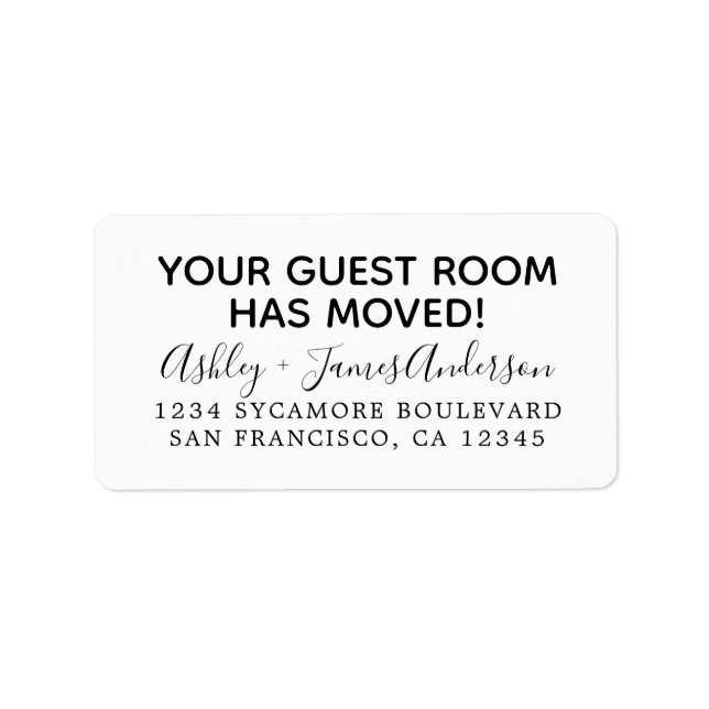 Your Guest Room Has Moved Black White New Address  Label (Front)