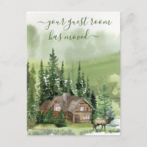Your Guest Room has Moved Cabin Mountain Forest Announcement Postcard
