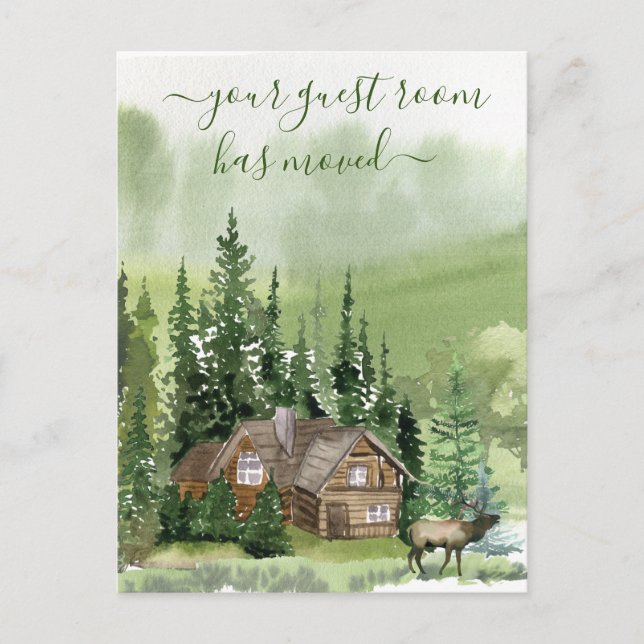Your Guest Room has Moved Cabin Mountain Forest Announcement Postcard (Front)