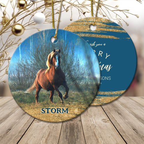 Your horse photo Christmas gold glitter Ceramic Ornament