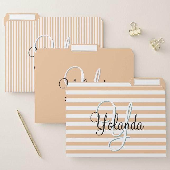 Your Initial on Simple Peach/White Stripe Pattern File Folder (Set)