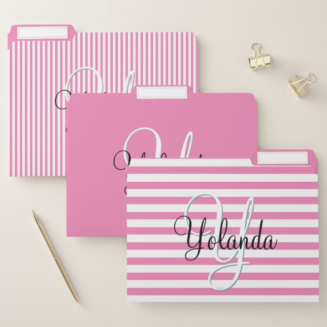 Your Initial on Simple Pink/White Stripe Pattern File Folder (Set)
