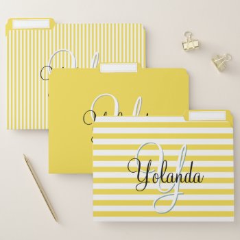 Your Initial On Simple Yellow/white Stripe Pattern File Folder by NancyTrippPhotoGifts at Zazzle