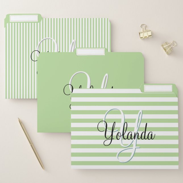 Your Initial  Simple Green/White Stripe Pattern File Folder (Set)