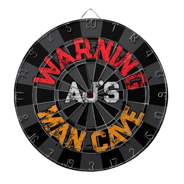 Your Initials Man Cave Warning Black Charcoal Gray Dart Board (Front)