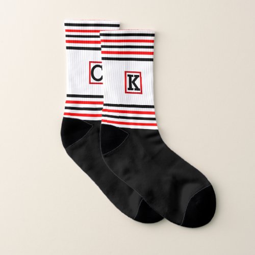 Your Initials  Monogram Red White Black Stripes Socks