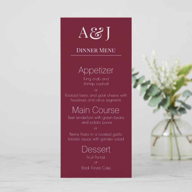 Your Initials on Burgundy Modern and Elegant Menu (Standing Front)