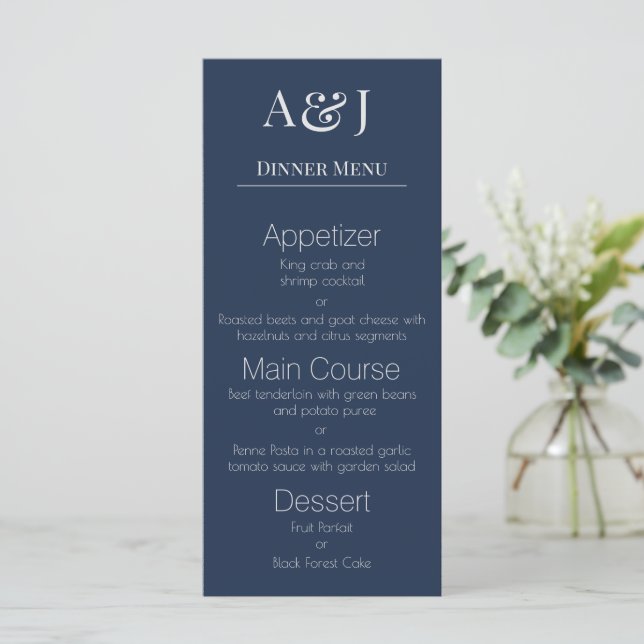 Your Initials on Navy Blue Modern and Elegant Menu (Standing Front)