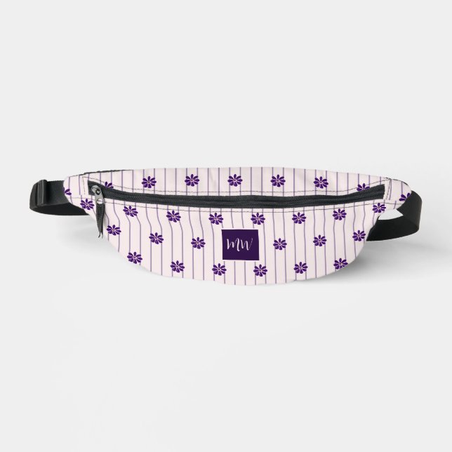 Your Initials Violet & Blush Stripes Purple Blooms Fanny Pack (Front)