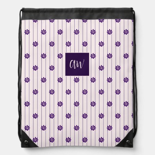 Your Initials Violet Blush Stripes Violet Flowers Drawstring Bag