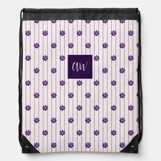 Your Initials Violet, Blush Stripes Violet Flowers Drawstring Bag (Front)