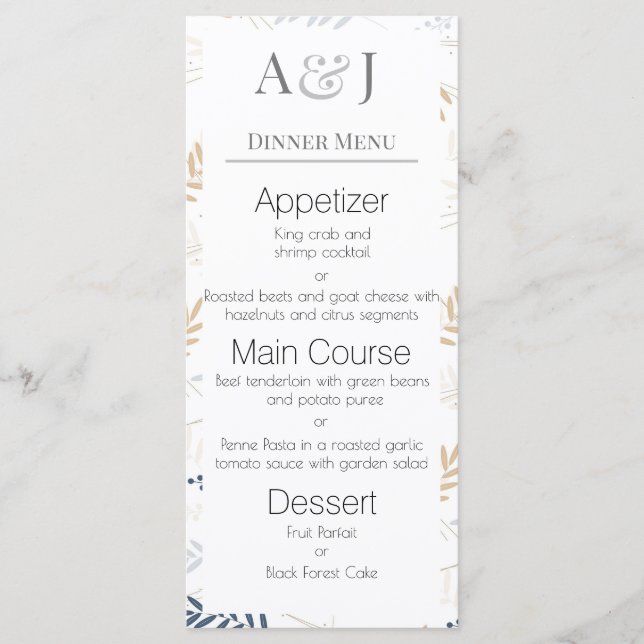 Your Initials with Blue and Beige Fern Leaves  Menu (Front)