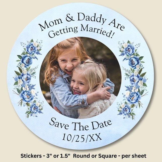 Your Kids Photo Mom Dad Getting Married Blue Peony Classic Round Sticker (Creator Uploaded)