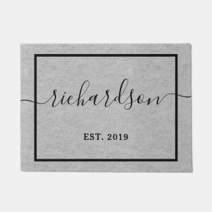 Your Last Name in Script with Year   Gray Doormat