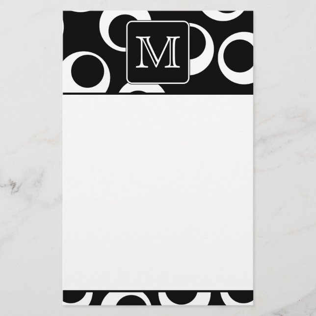 Your Letter. Black and White Monogram. Fun Pattern Stationery (Front)