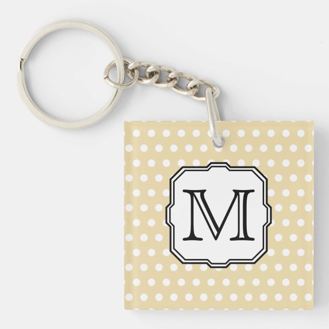 Your Letter. Custom Monogram. Beige Polka Dot. Keychain (Front)