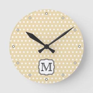 Your Letter. Custom Monogram. Beige Polka Dot. Round Clock