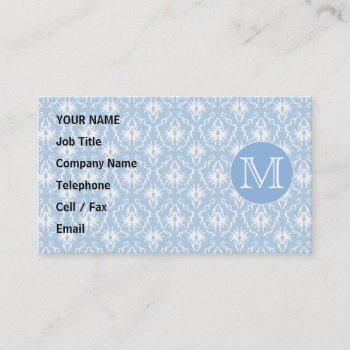 Your Letter  Monogram. Pale Blue Damask Pattern. Business Card by Metarla_Monograms at Zazzle