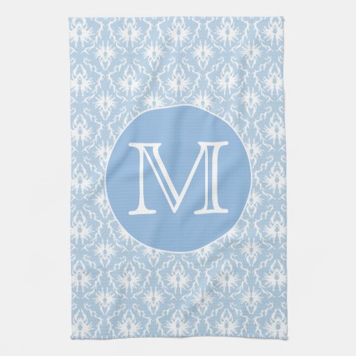 Your Letter, Monogram. Pale Blue Damask Pattern. Kitchen Towels | Zazzle