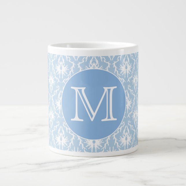 Your Letter, Monogram. Pale Blue Damask Pattern. Large Coffee Mug (Front)