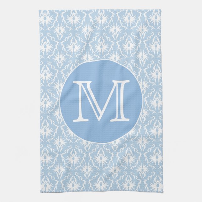 Your Letter, Monogram. Pale Blue Damask Pattern. Towel (Vertical)
