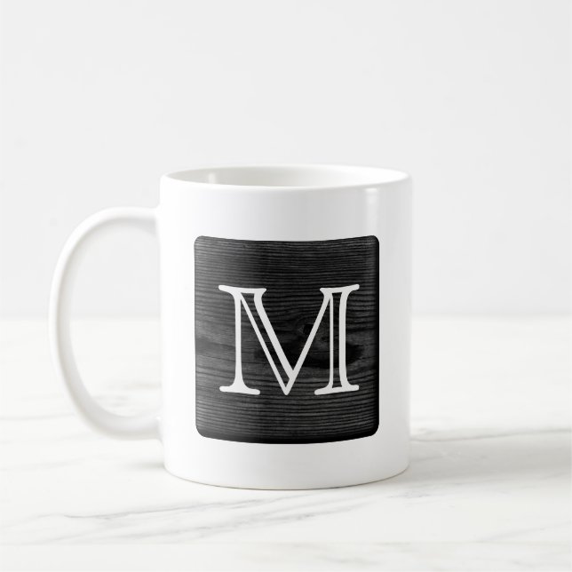 Your Letter Monogram. Picture of Black Wood. Coffee Mug (Left)