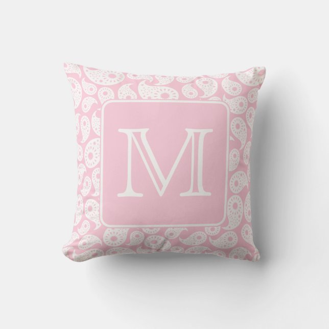 Your Letter Monogram. Pink Paisley Pattern. Throw Pillow (Front)