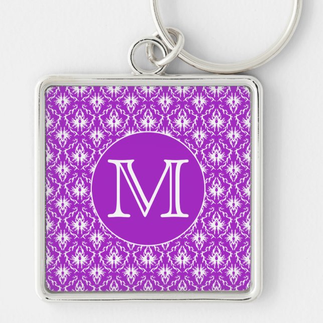 Your Letter. Purple and White Damask Pattern. Keychain (Front)