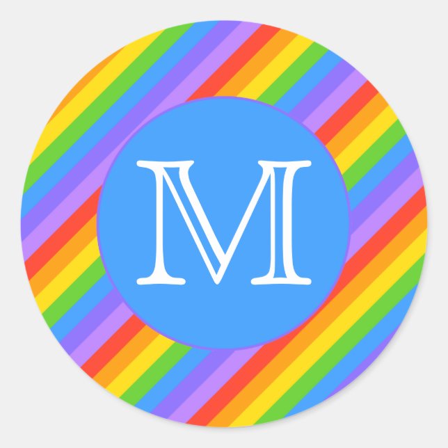 Your Letter, Rainbow Stripes Monogram. Classic Round Sticker (Front)