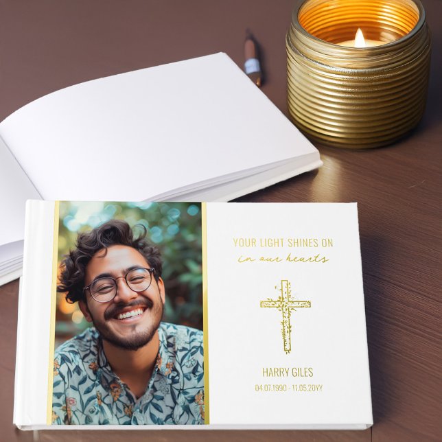 Your Light Shines Memorial Photo Gold Foil Guest Book (Gold Foil Memory Book / Celebration of Life Guest Book with photo by Darling & May)