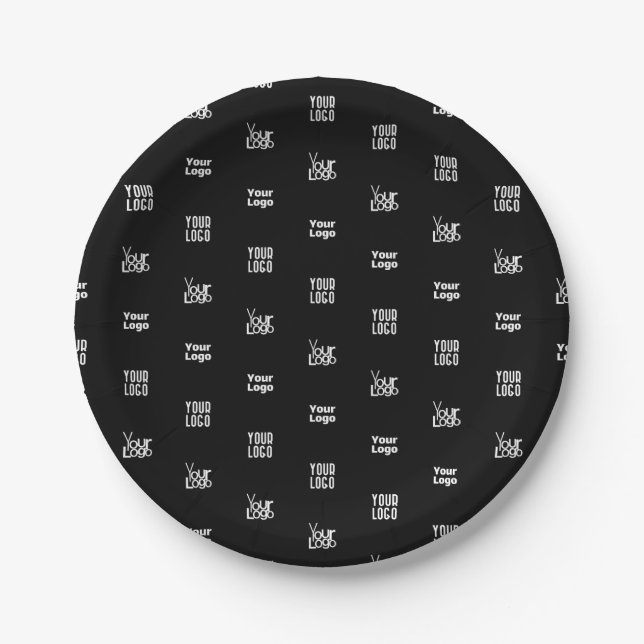 Your Logo | 3 Logo Pattern Design Editable Black Paper Plates (Front)