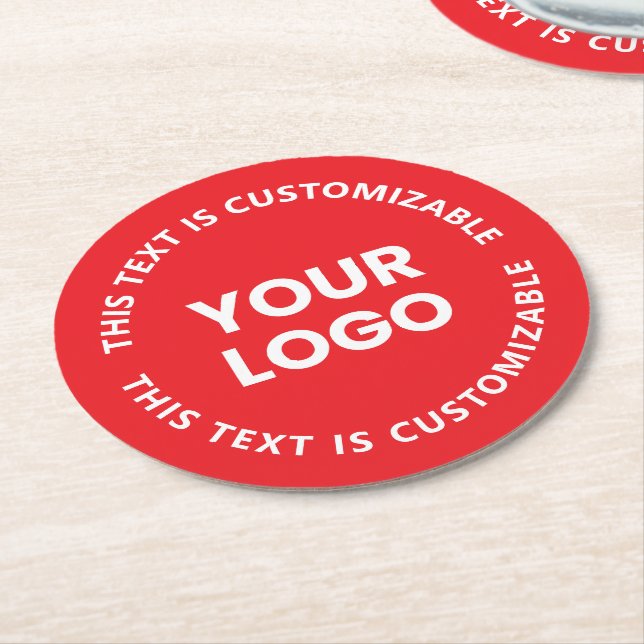 Your Logo/Any Uploaded Image & Circular Text | Red Round Paper Coaster (Angled)