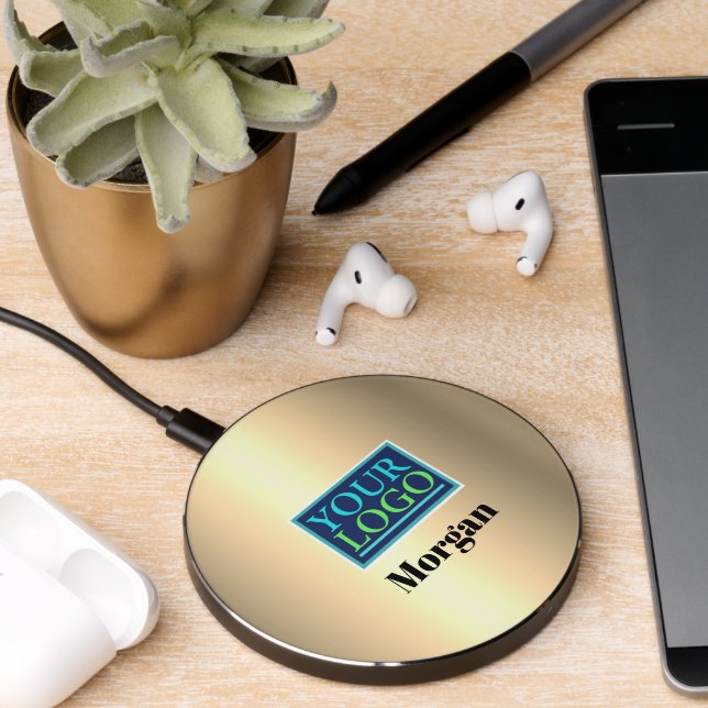Your Logo Art Photo & Black Name on Gold Wireless  (Desk 2)