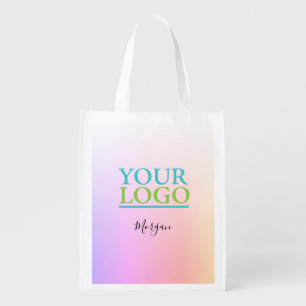 Your Logo/Art/Photo, Black Script Name, Rainbow Grocery Bag